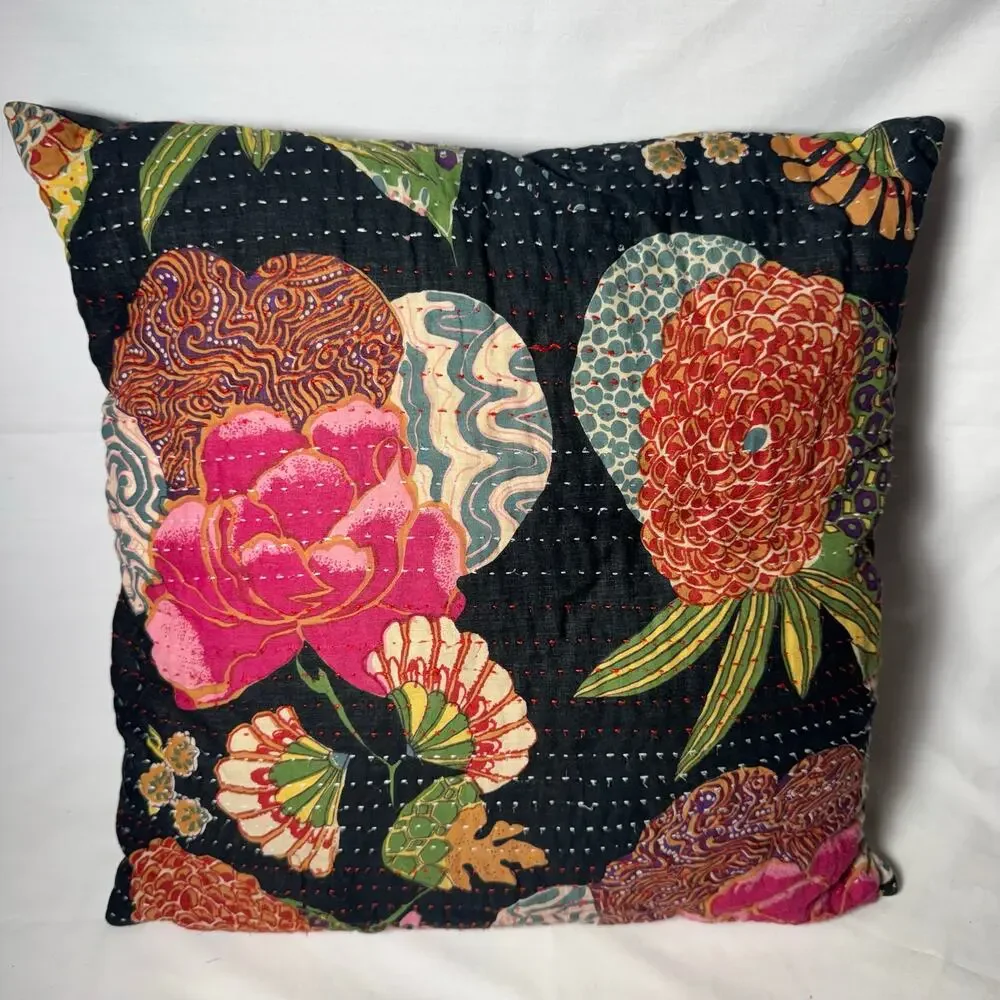 Karma Living Quilted Floral Pillow Cottagecore Black Pink Grandmacore Cozy